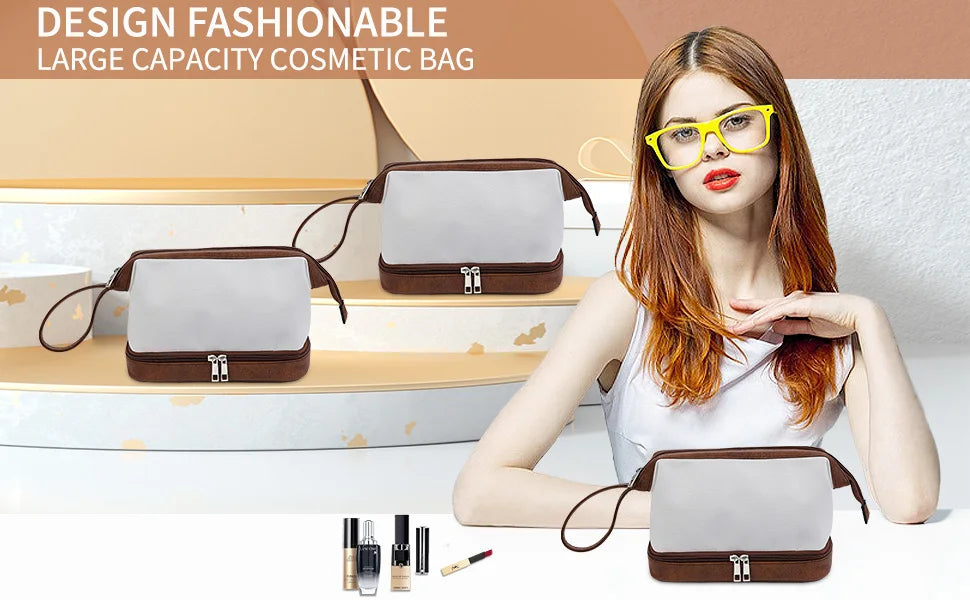 A woman models an elegant brown PU leather cosmetic bag with a light gray interior and gold hardware.