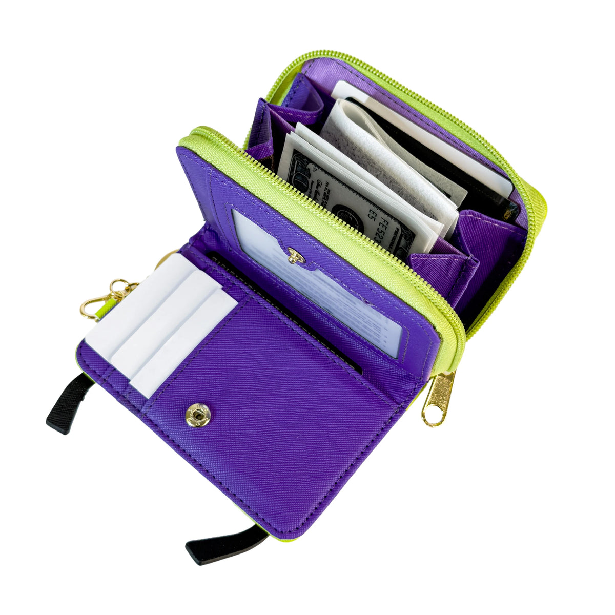 Purple coin purse wallet with a lime green zipper and a white card slot.