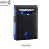 A black minimalist slim wallet with a blue accent, showing an RFID protection feature.