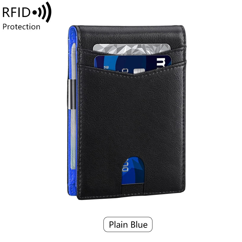 A black minimalist slim wallet with a blue accent, showing an RFID protection feature.