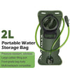 A portable water storage bag in olive green with a green hose and fitting, designed for hydration.