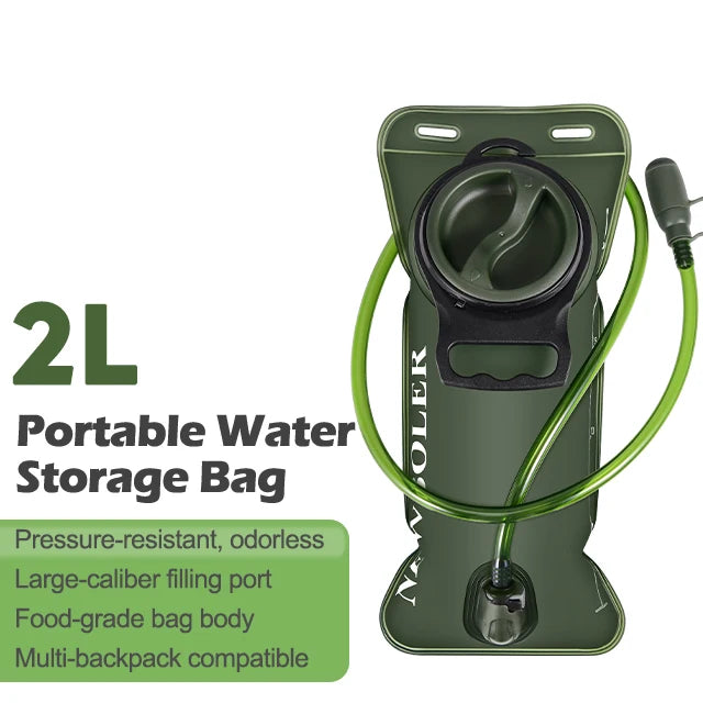 A portable water storage bag in olive green with a green hose and fitting, designed for hydration.
