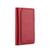 Portefeuille en cuir rouge profond avec bord couture et initiales gravées.