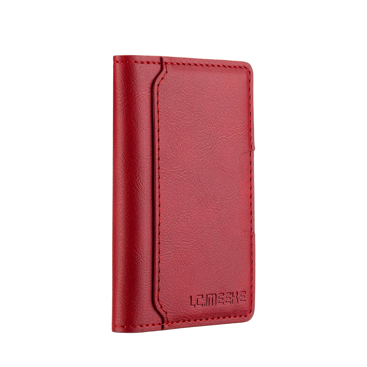 Portefeuille en cuir rouge profond avec bord couture et initiales gravées.