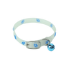 A white glow-in-the-dark pet collar for dogs and cats with paw print designs and a blue charm.