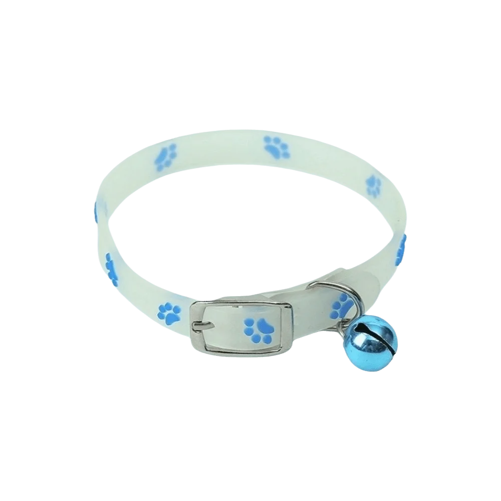A white glow-in-the-dark pet collar for dogs and cats with paw print designs and a blue charm.