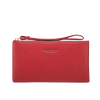 Rotes minimalistisches PU-Leder-Geldbörsen mit silberfarbenem Reißverschluss und eingeprägtem Text vorne.