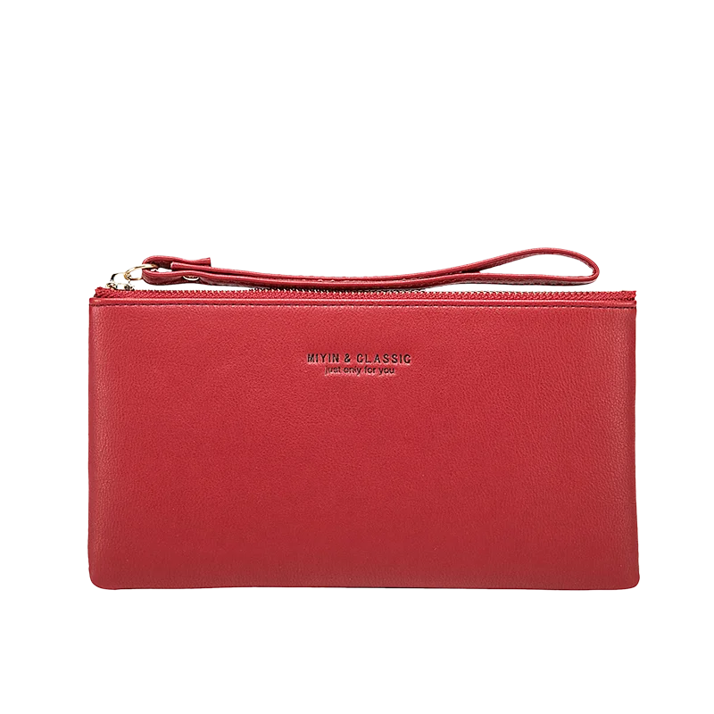 Rotes minimalistisches PU-Leder-Geldbörsen mit silberfarbenem Reißverschluss und eingeprägtem Text vorne.