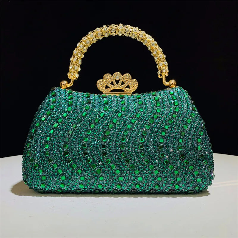 A vibrant green crystal-embellished evening clutch bag featuring a gold crown clasp and chain strap.