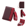 A maroon leather zip-around wallet with card slots and a coin pocket shown in various views.
