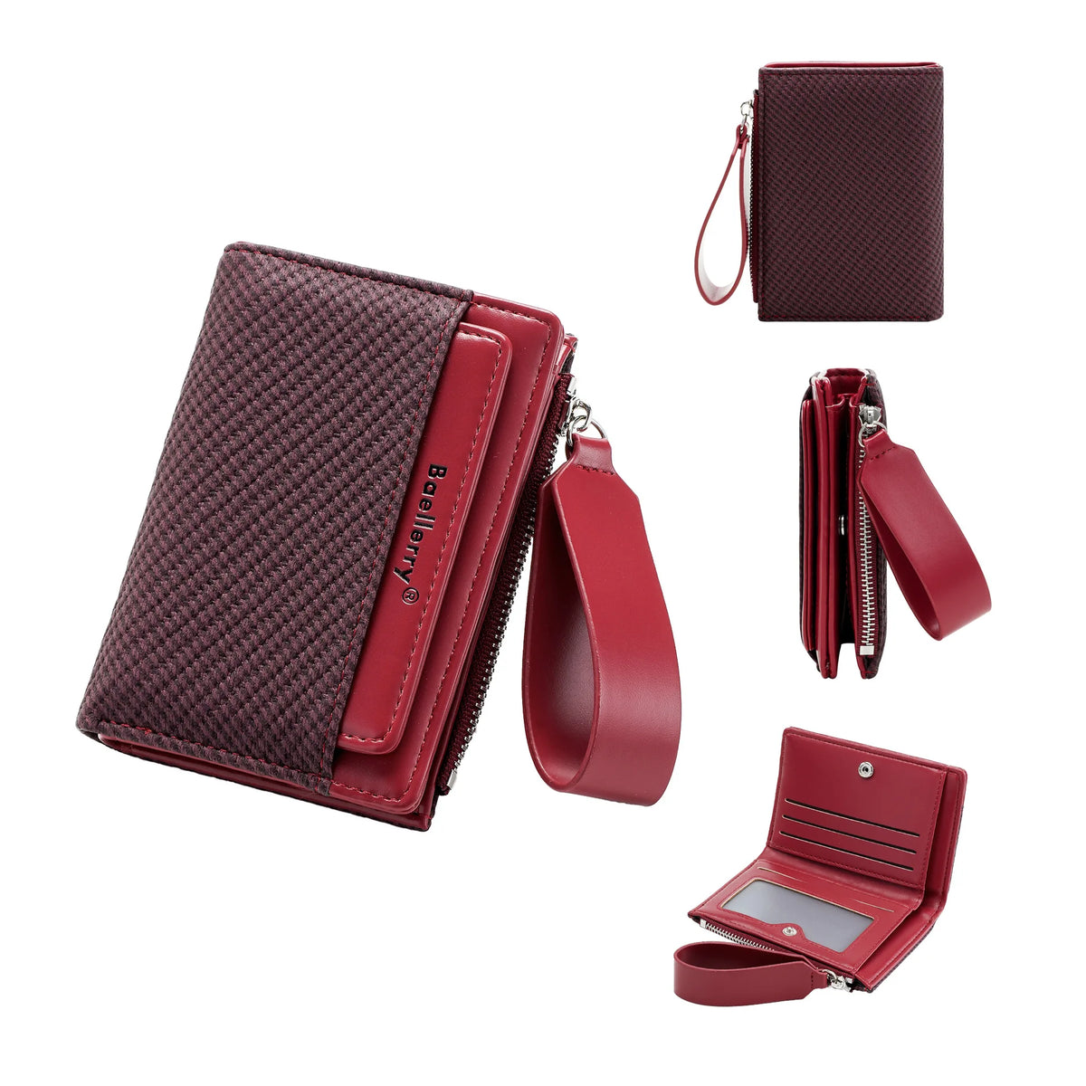 A maroon leather zip-around wallet with card slots and a coin pocket shown in various views.