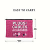 A pink zippered pouch designed to easily carry plugs, cables, and chargers.