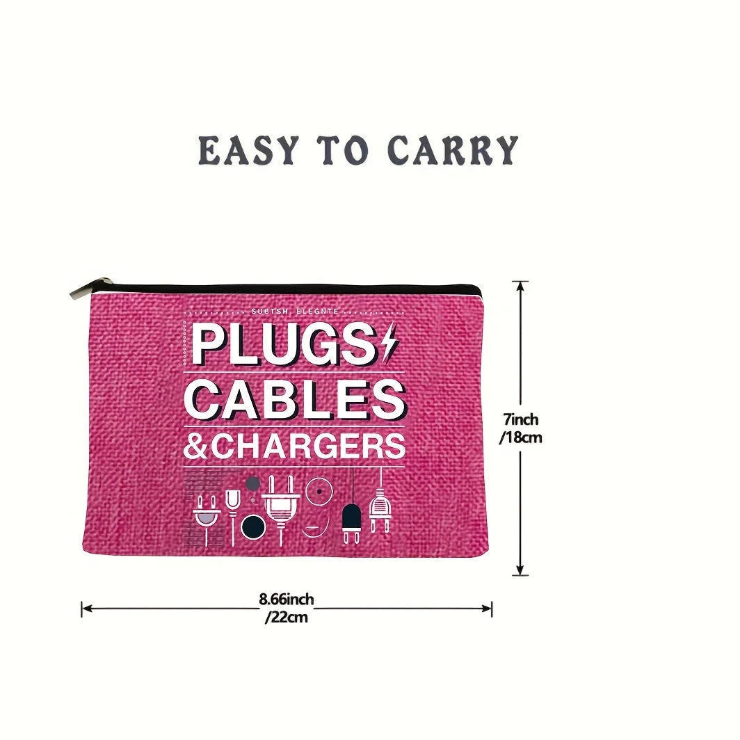 A pink zippered pouch designed to easily carry plugs, cables, and chargers.
