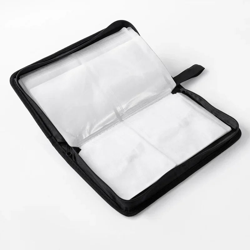 Black storage wallet case with a clear plastic inner sleeve for discs
