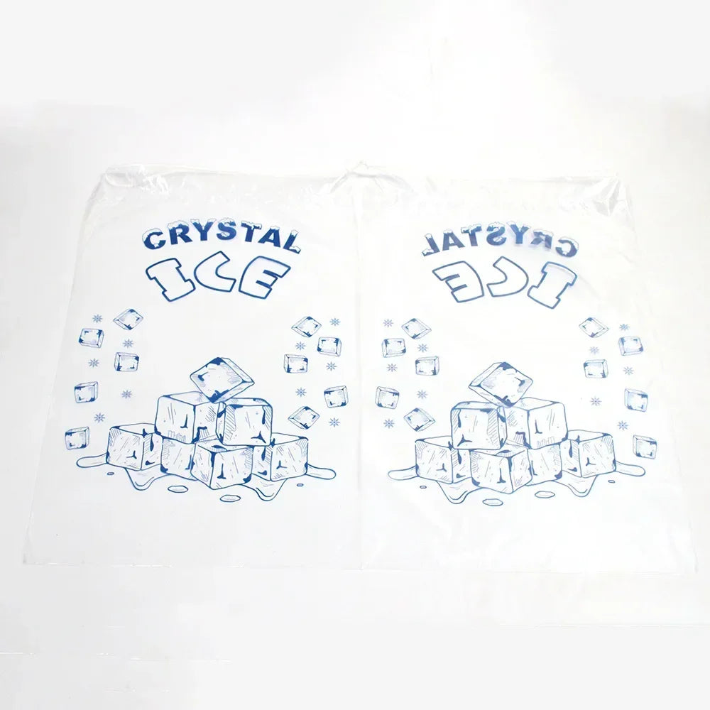A white plastic bag featuring a hand-drawn illustration of ice cubes and the words CRYSTAL ICE