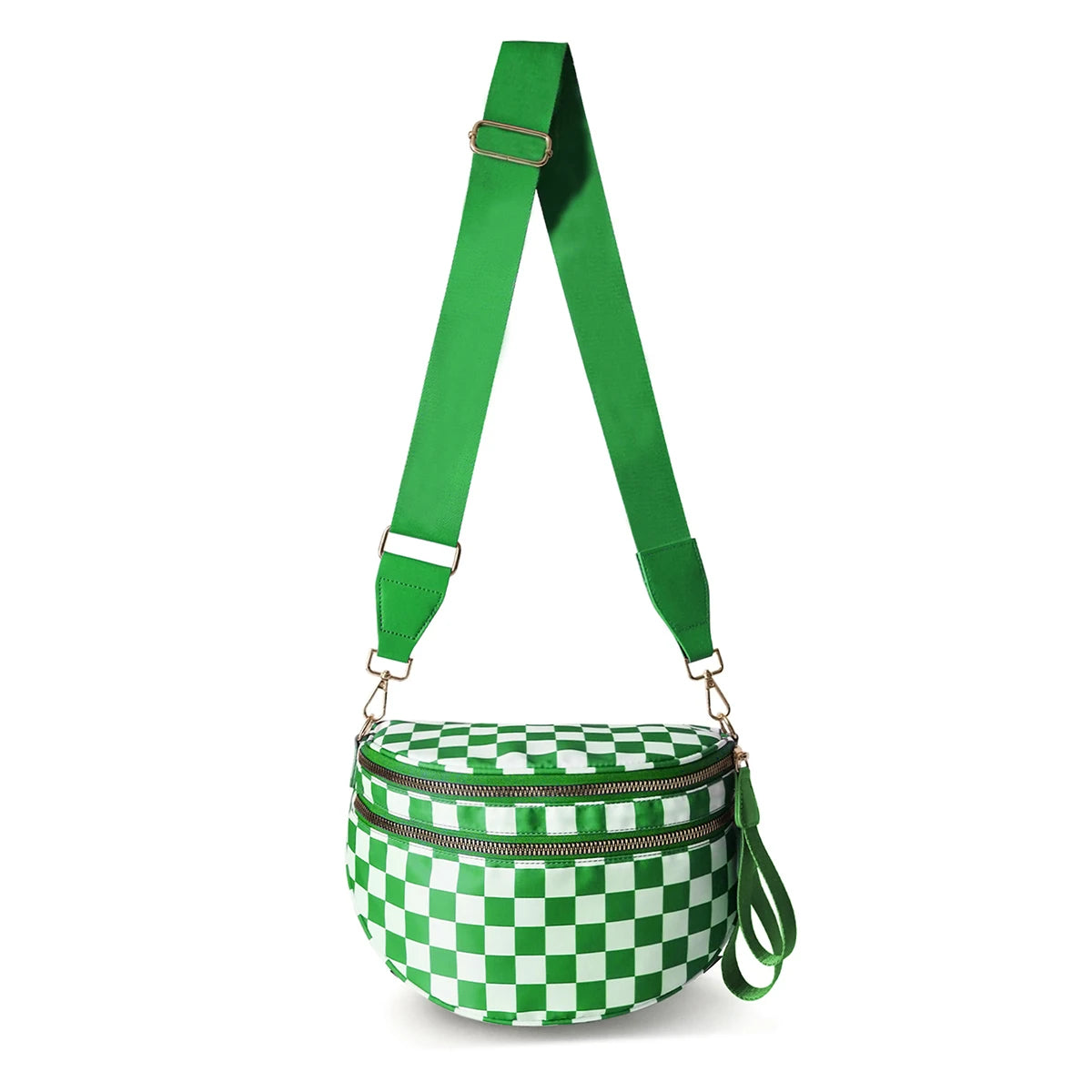 A green nylon crossbody bag with a checkered pattern and a matching strap.