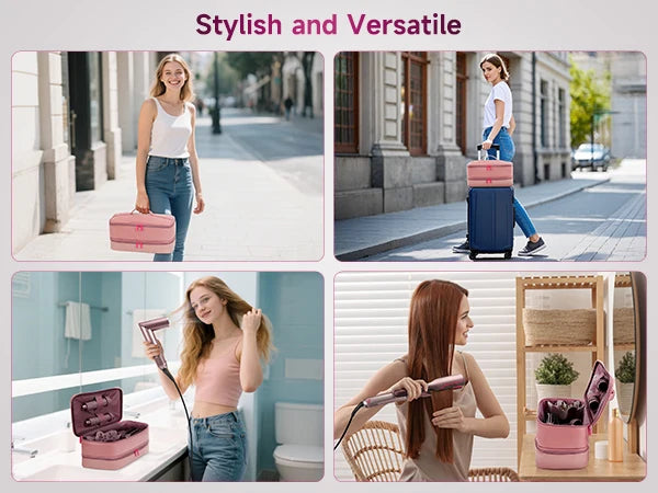 A woman uses a pink double-layer hair dryer and accessory storage case in a bathroom setting.