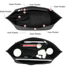Black felt insert bag for handbag organizer showing various internal and external pockets