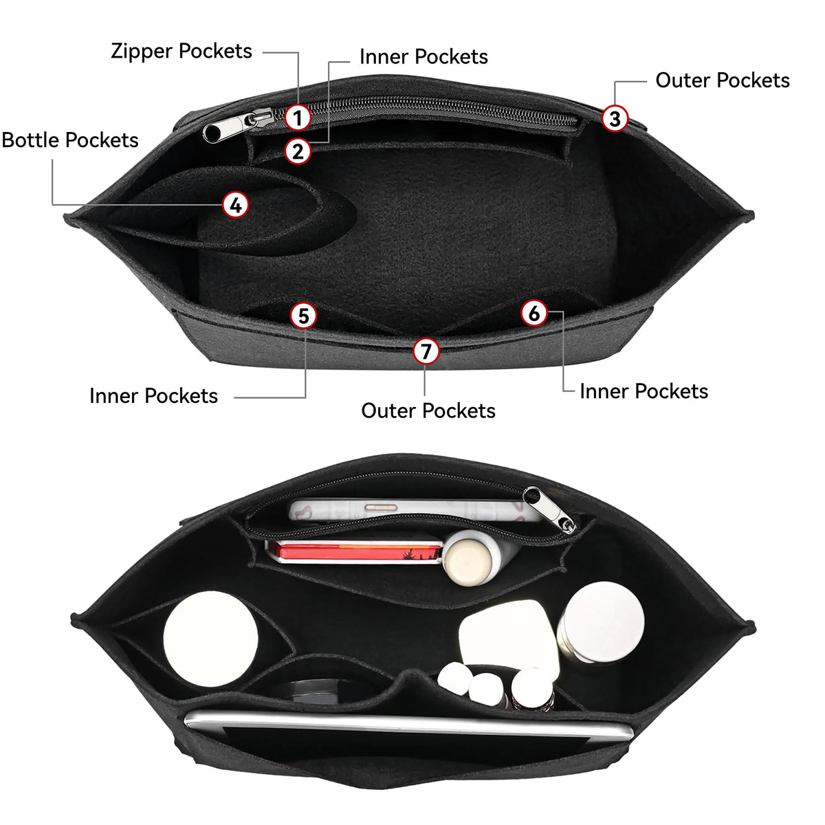 Black felt insert bag for handbag organizer showing various internal and external pockets