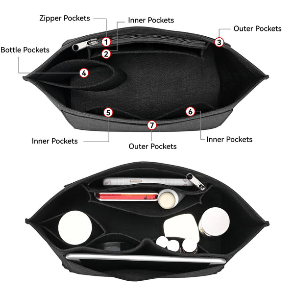 Black felt insert bag for handbag organizer showing various internal and external pockets