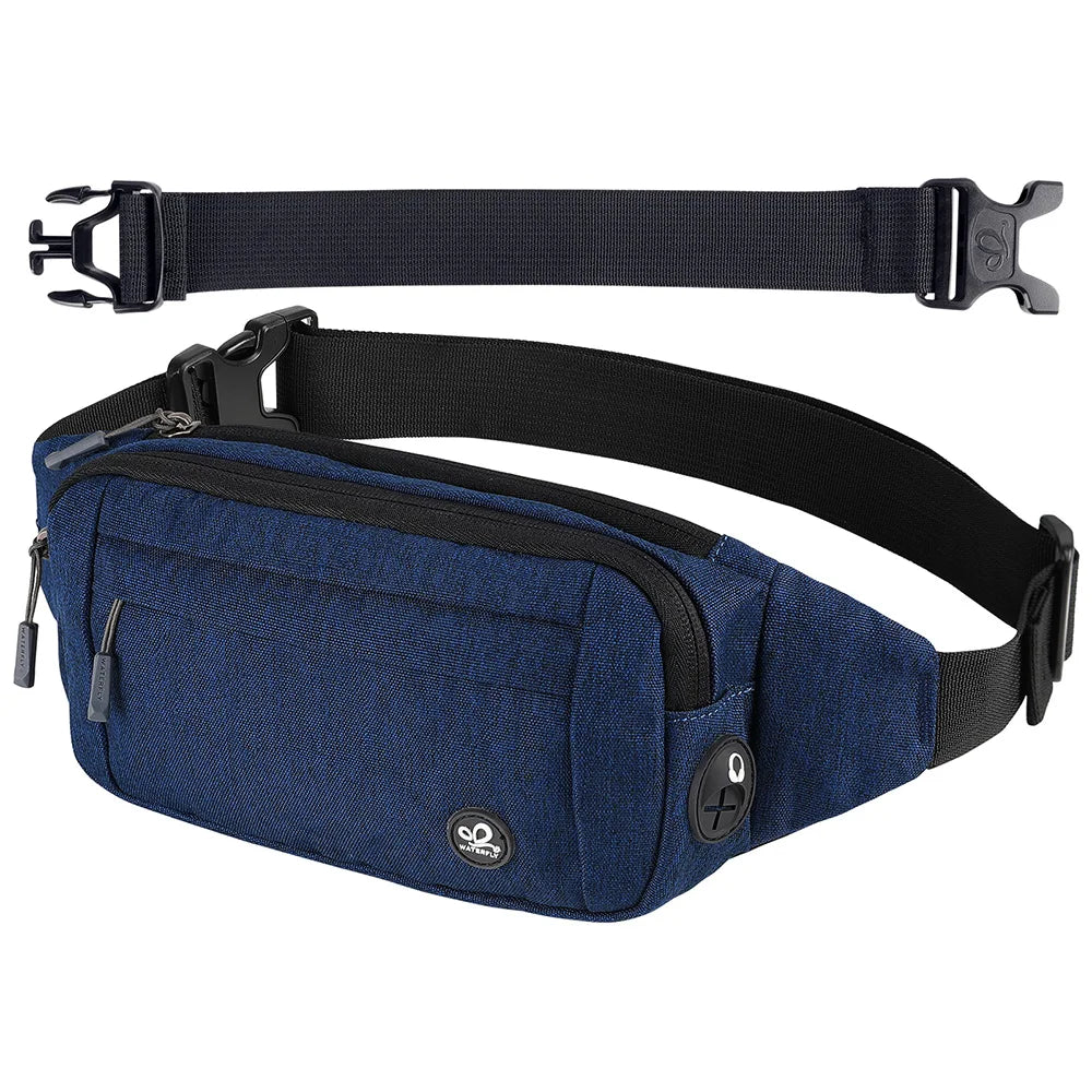 A dark blue nylon waist pack with a black strap and zipper visible.