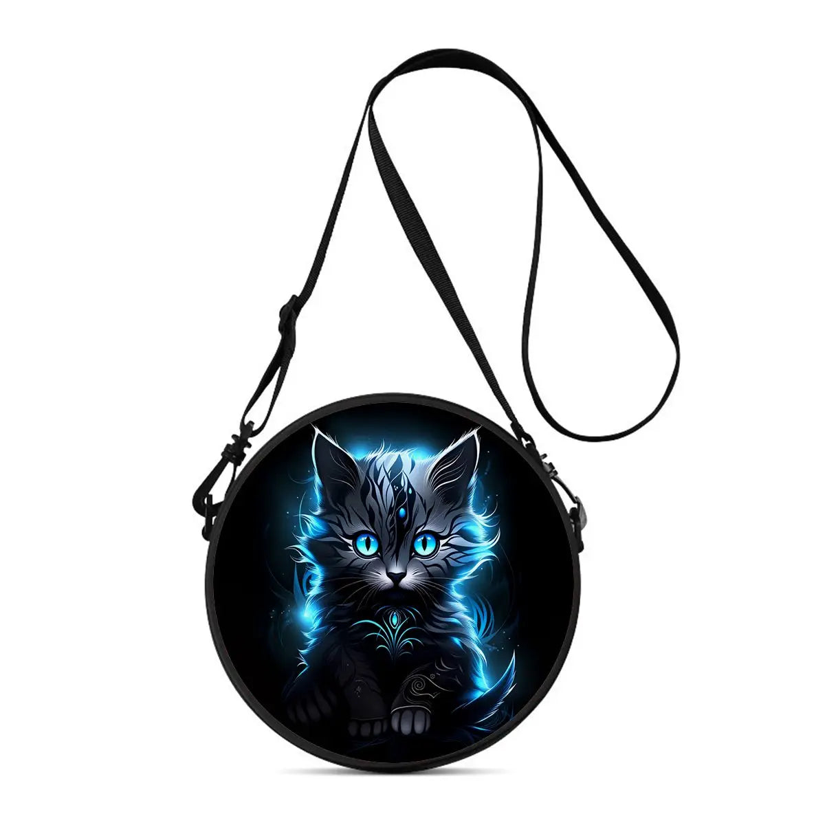 A black cartoon cat round crossbody bag with glowing blue eyes and a black strap.