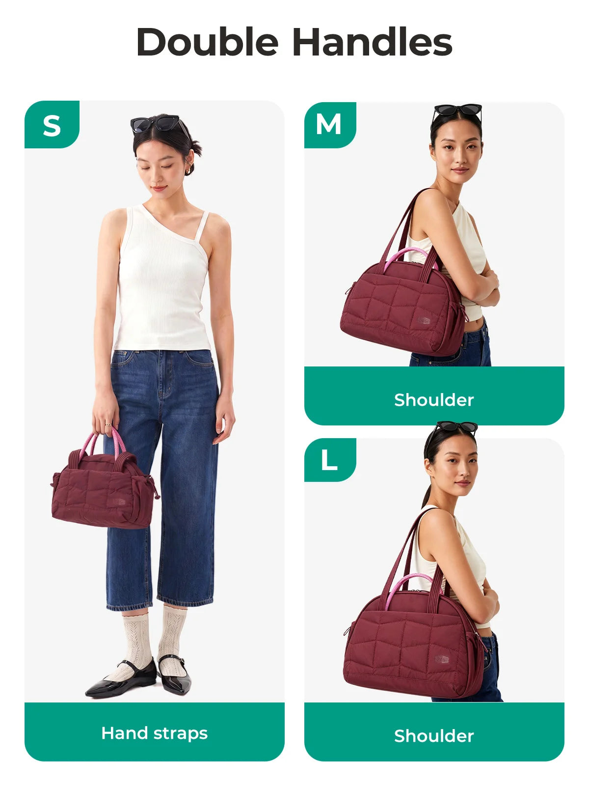 Tres modelos demostrando diferentes tallas (S, M, L) y tipos de correa para un bolso puffer acolchado.