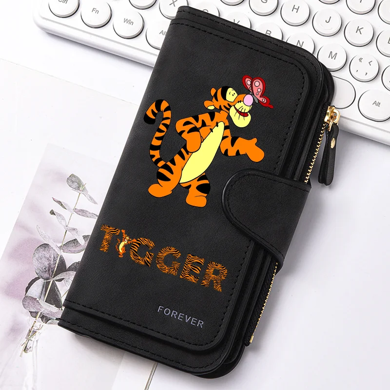 A black women's long zipper handbag coin purse featuring an orange and black tiger design.
