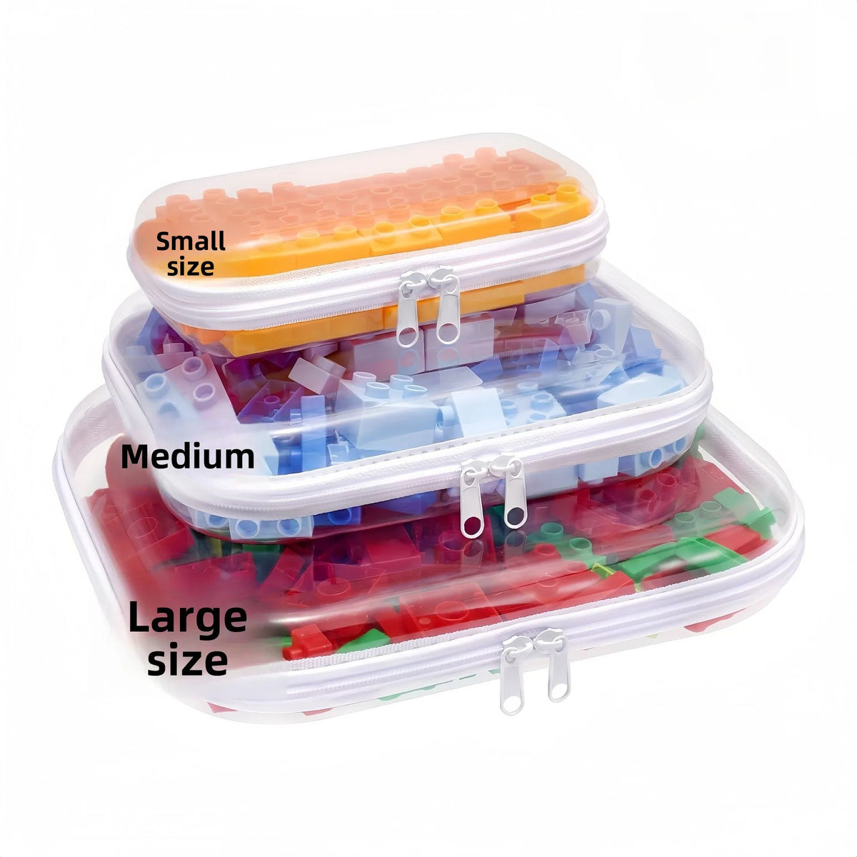 Three sized clear plastic zipper storage pouches containing colorful building blocks: small, medium, and large.