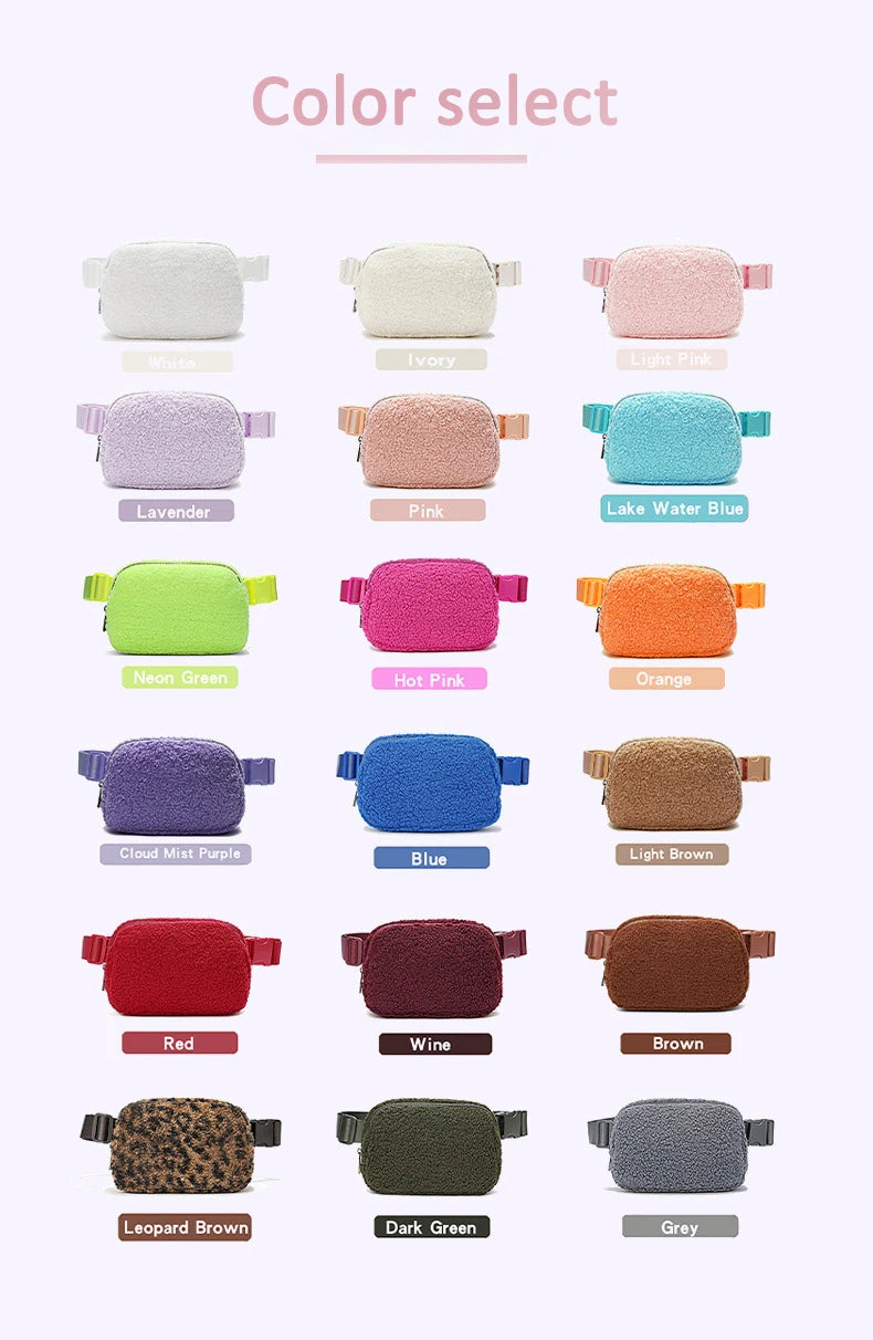 A selection of ivory, pink, blue, green, and brown fleece crossbody belt bags displayed in various shades.