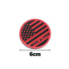 Round car decal featuring a red background with black diagonal stripes and a distressed American flag design.