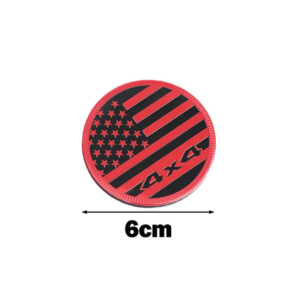 Round car decal featuring a red background with black diagonal stripes and a distressed American flag design.