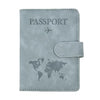 A grey PU leather passport wallet cover featuring the word PASSPORT and a world map design.