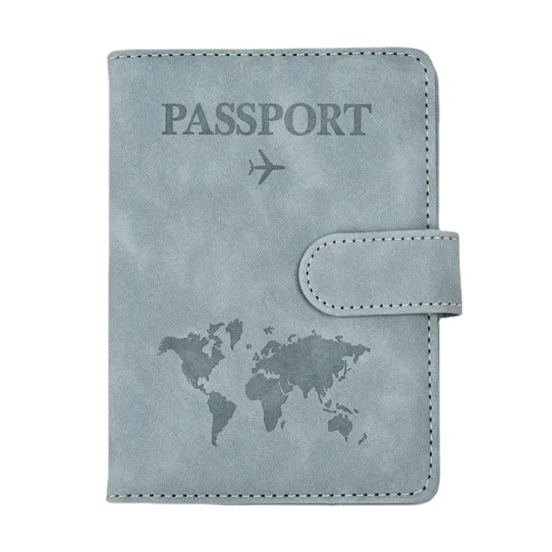 A grey PU leather passport wallet cover featuring the word PASSPORT and a world map design.