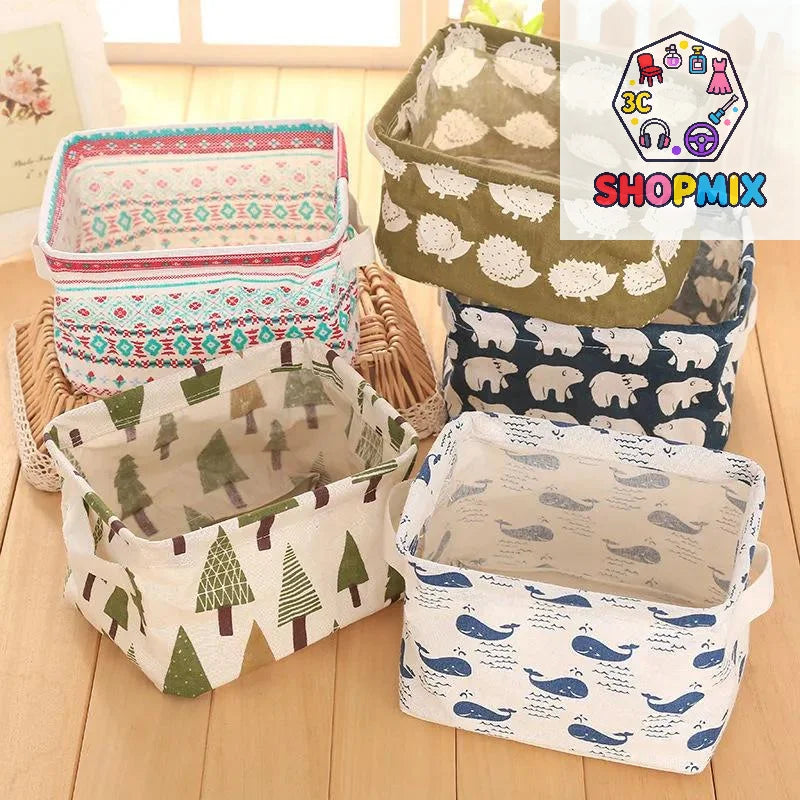 A collection of fabric storage baskets in various patterns and colors for desk organization.