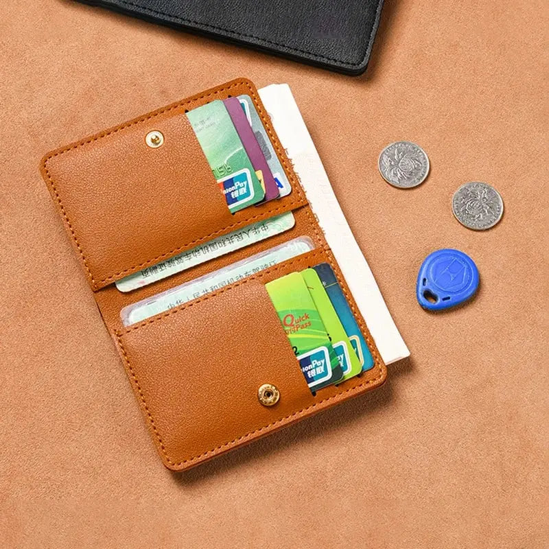 A brown PU leather small wallet holding various credit cards and coins on a tan background.