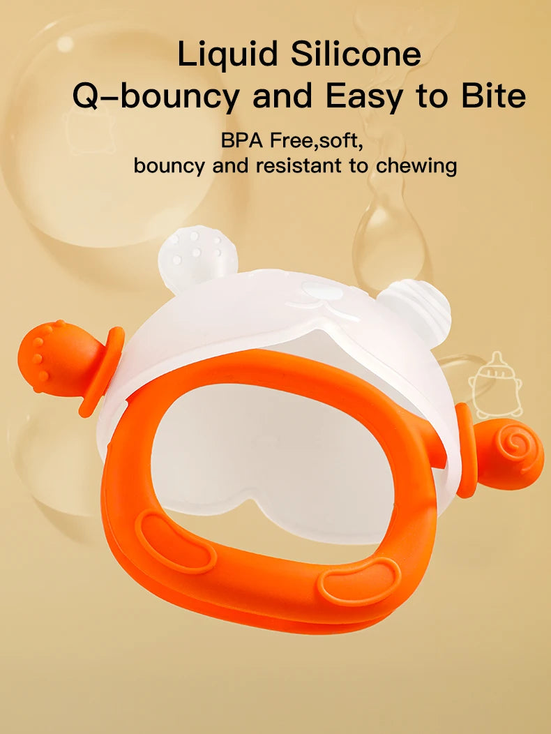 A white and orange liquid silicone Q-bouncy teether with a bunny design shown against a light background.