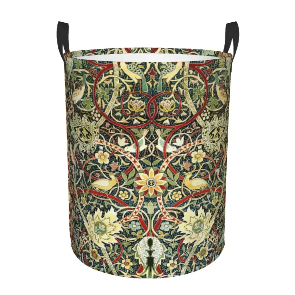 A vintage floral laundry hamper with a dark green and gold pattern, featuring red accents.