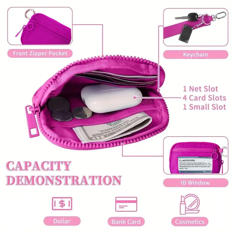 A pink Iris checkered wallet demonstrating capacity features including a front zipper pocket, keychain, net slot, card slots,