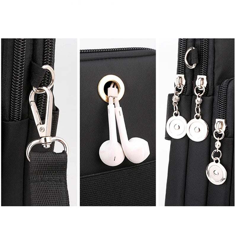 Black nylon crossbody phone bag featuring a zipper and adjustable strap with silver-tone earrings.