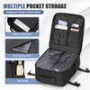 A black multi-pocket storage backpack showing various compartments for laptops, passports, and other items.