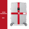 Silver rolling suitcase with red cross straps and a red band.