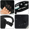 A black cross-body nylon waist bag shown with an open compartment displaying a phone and other essentials.