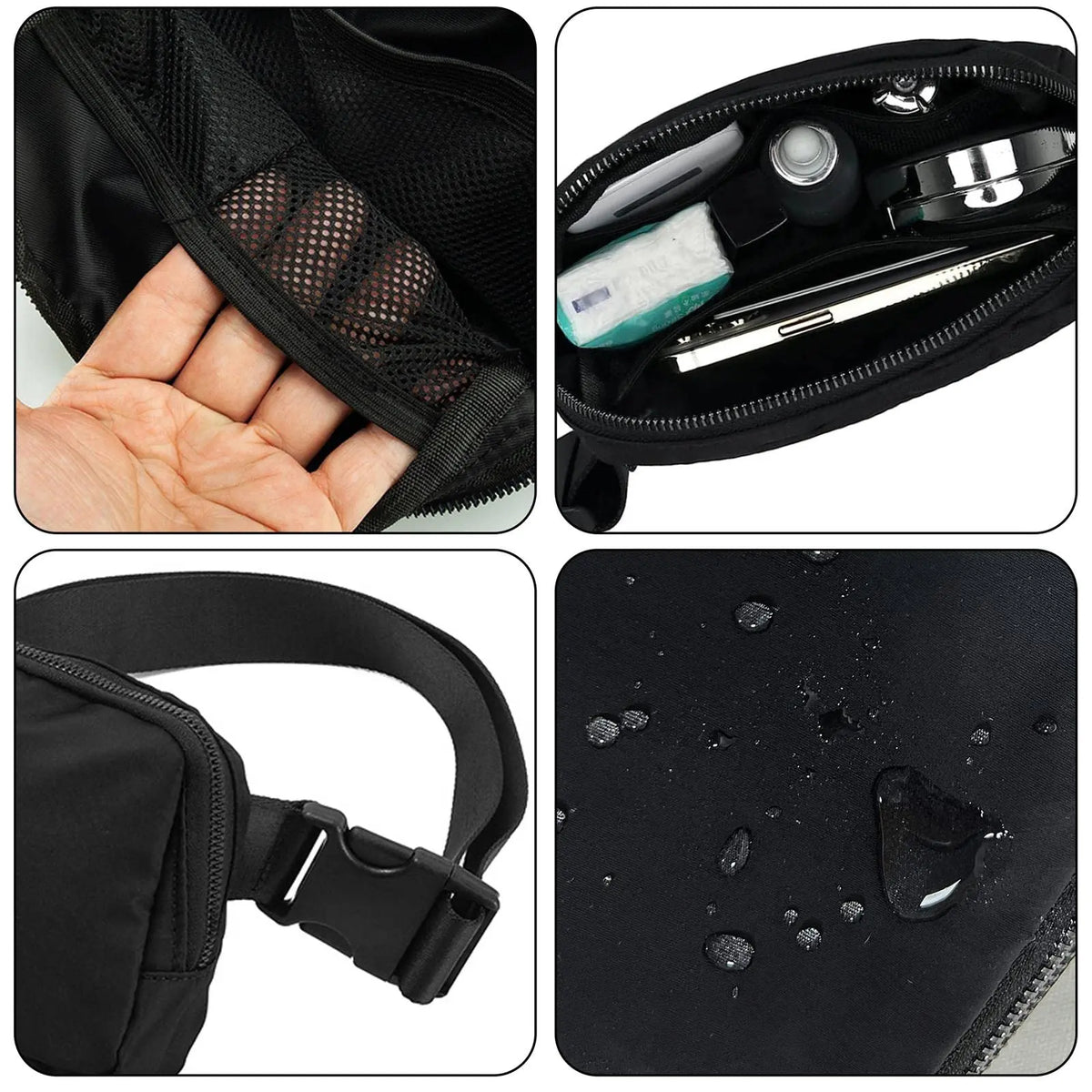 A black cross-body nylon waist bag shown with an open compartment displaying a phone and other essentials.