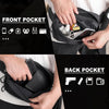 Close-up view of a black tactical concealed carry fanny pack showing front and back pockets with various items.