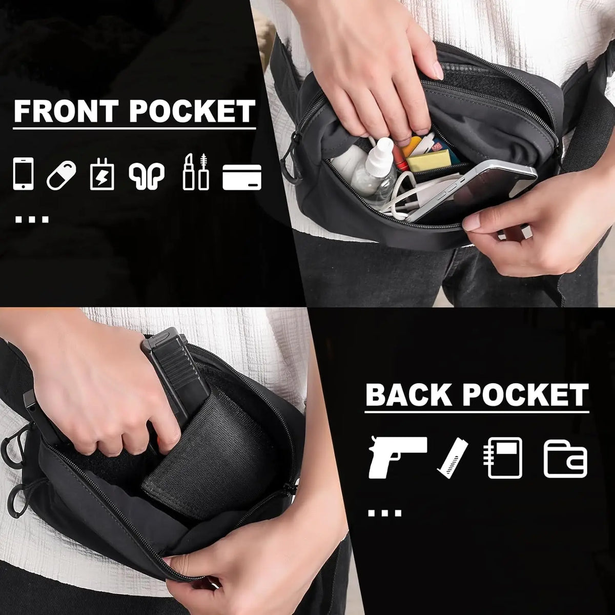 Close-up view of a black tactical concealed carry fanny pack showing front and back pockets with various items.