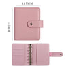 A pink leather ring binder notebook with a 115mm x 145mm size and a pink cover.
