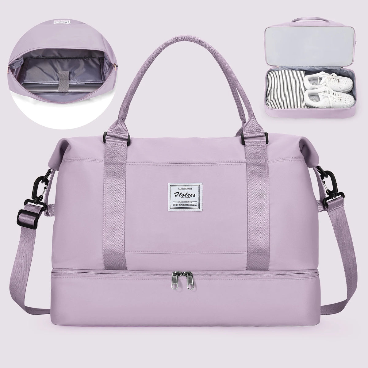 Maleta de viaje grande de color lila claro con interior acolchado y compartimento para zapatos exterior.