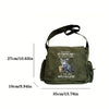 Olive green canvas messenger bag with a cat print design featuring text and an illustration of a cat.
