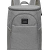 A gray insulated thermal cooler backpack with padded straps and a top flap.